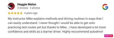 Google review from an AutoDrive pupil