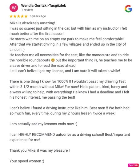 Google review from an AutoDrive pupil