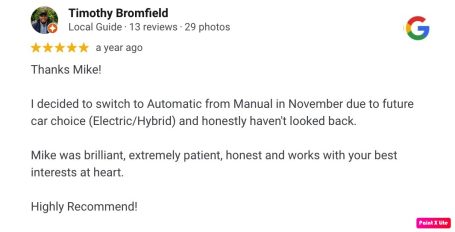 Google review from an AutoDrive pupil