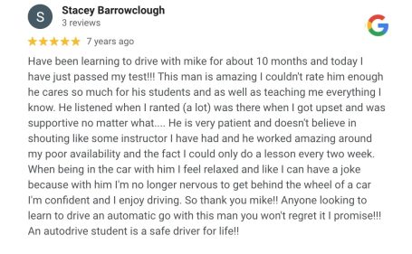 Google review from an AutoDrive pupil