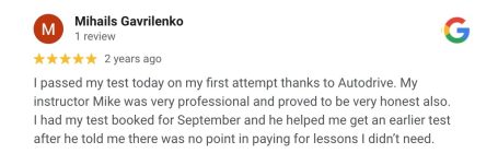 Google review from an AutoDrive pupil