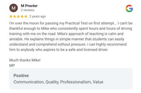 Google review from an AutoDrive pupil