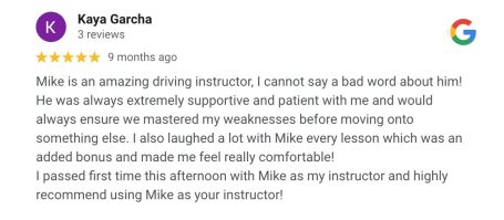 Google review from an AutoDrive pupil