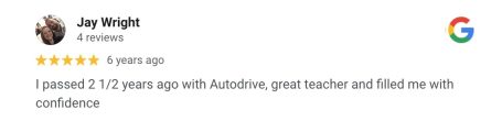 Google review from an AutoDrive pupil