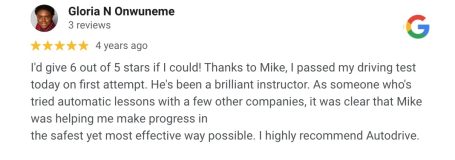 Google review from an AutoDrive pupil