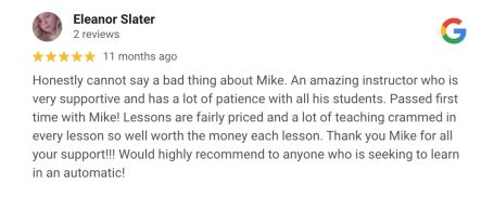 Google review from an AutoDrive pupil