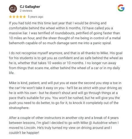 Google review from an AutoDrive pupil