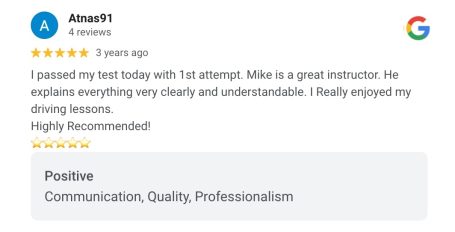 Google review from an AutoDrive pupil